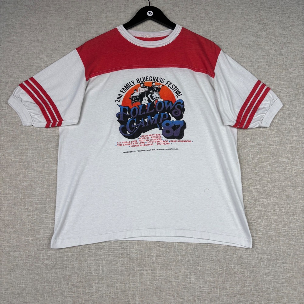 Vintage 80s Follows Camp 87 Bluegrass Festival Ringer T-Shirt Mens XL White Red